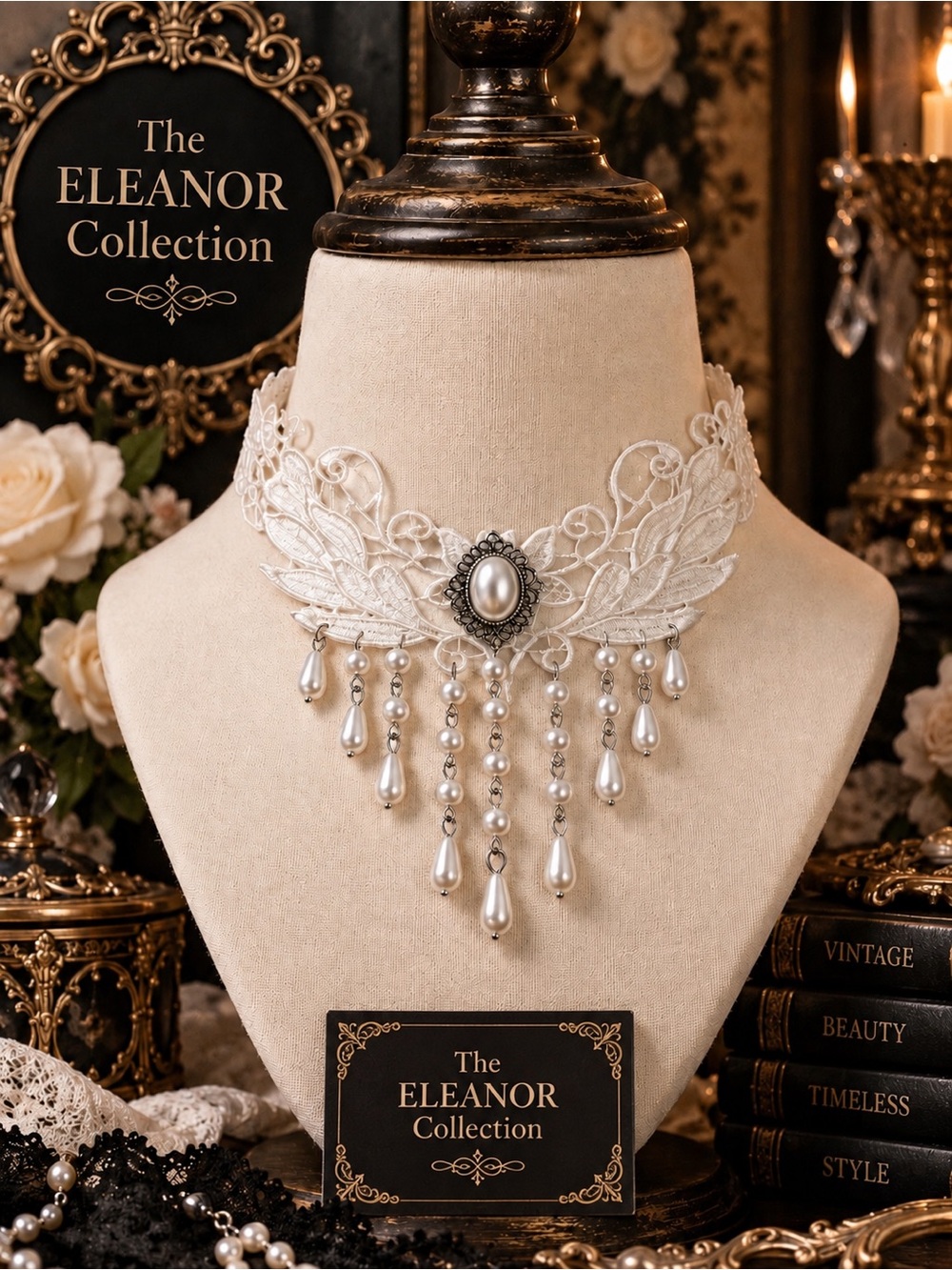 The Eleanor Collection White Lace Pearl Statement Choker